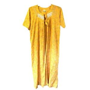 Vintage Cotton Housecoat Orange Floral Flower Power Mumu Cottage 60s XL